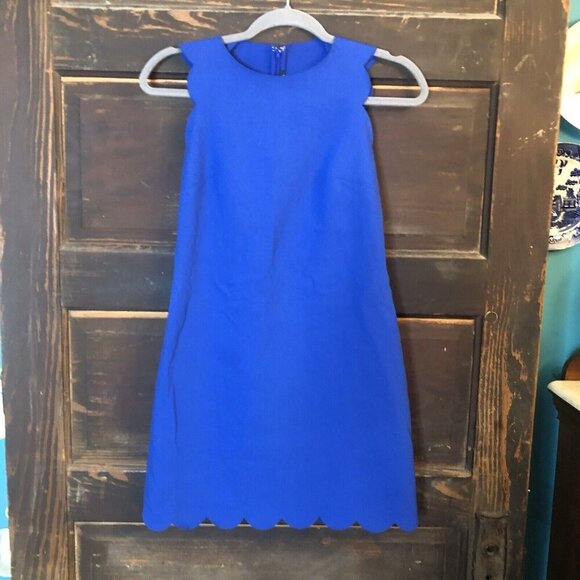 J. Crew Cobalt Blue Scalloped Sleeveless Round Neck Back-Zip Shift Dress Size 0 - Picture 1 of 10